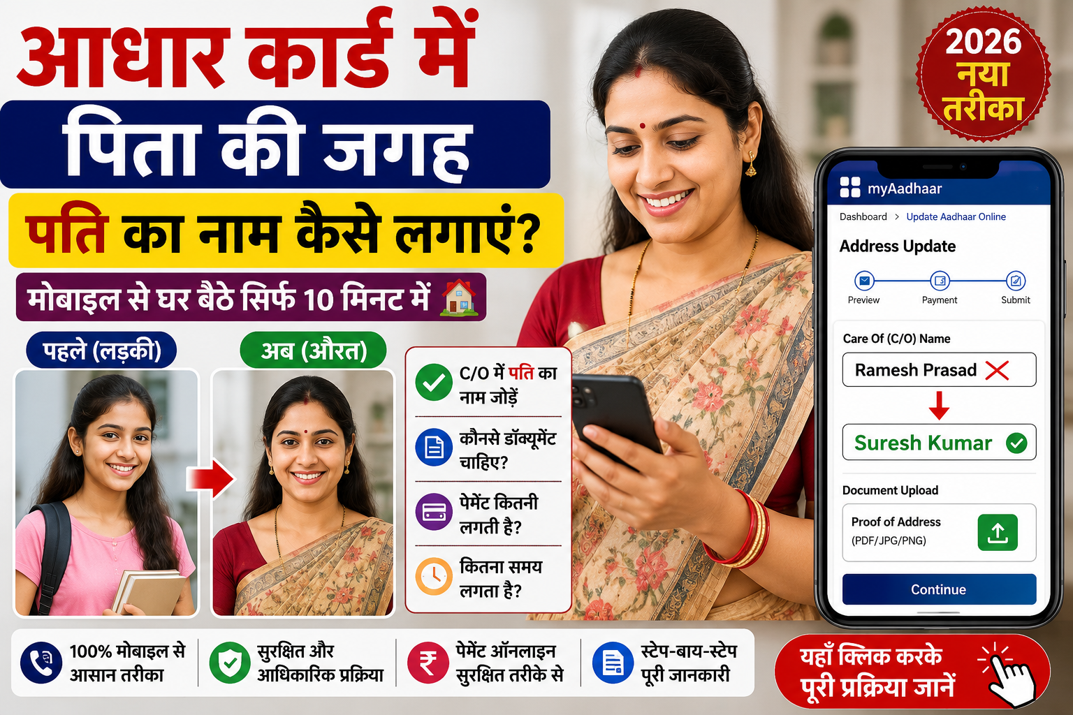 Read more about the article Adhar Card में पिता की जगह पति का नाम कैसे लगाएं? मोबाइल से घर बैठे C/O Name बदलने का आसान तरीका