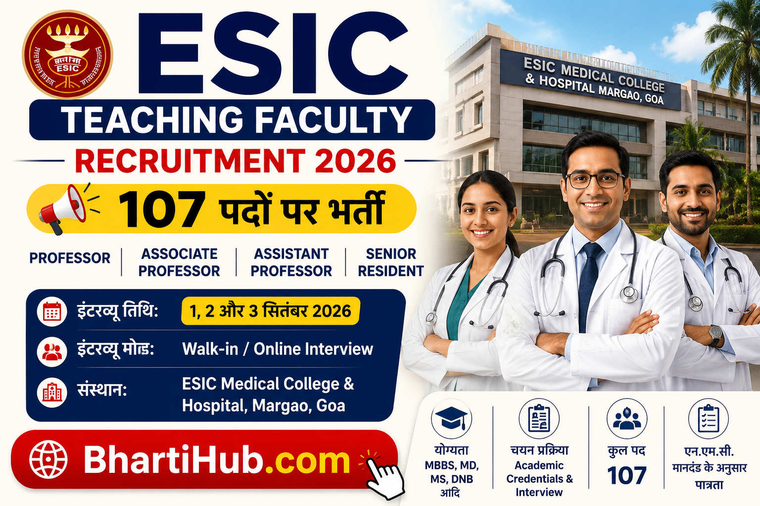 Read more about the article ESIC Teaching Faculty Recruitment 2026: 107 पदों पर भर्ती, Professor से Senior Resident तक, Walk-in Interview की पूरी जानकारी